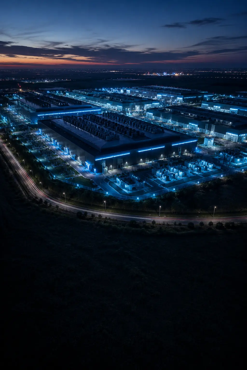 Aerial view of a cloud data-centre campus